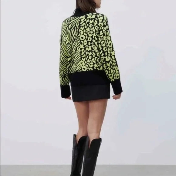 Zara Neon Yellow and Black Animal Print Turtleneck Sweater - Picture 5 of 15